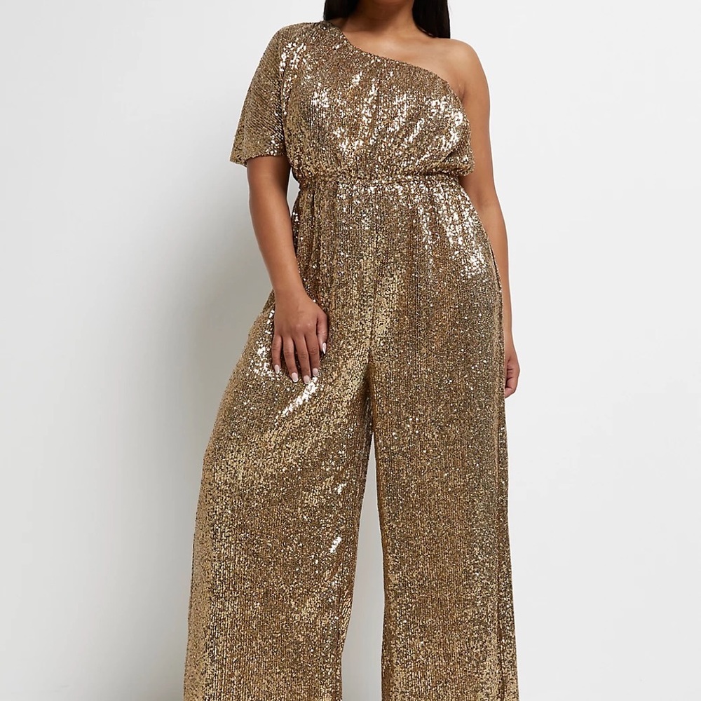 New with tags River Island gold sequin asymmetric jumpsuit size 16